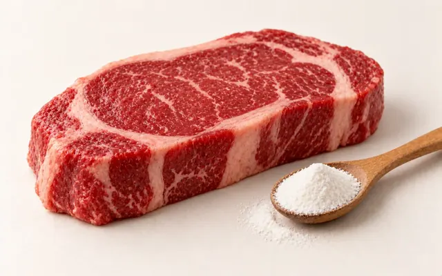 一塊生紅肉牛排,旁邊放著一小匙白色粉末