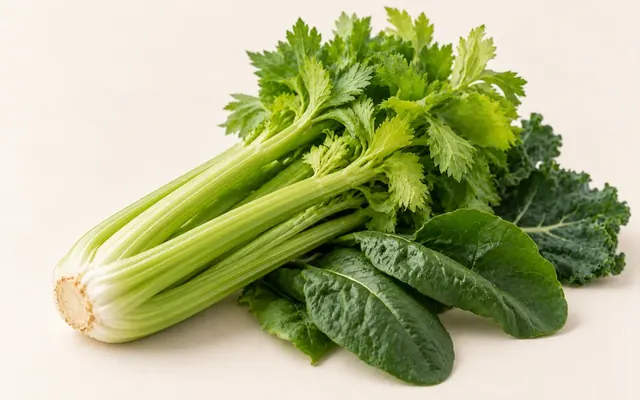 一把新鮮西洋芹與幾片深綠葉菜,纖維紋理清楚