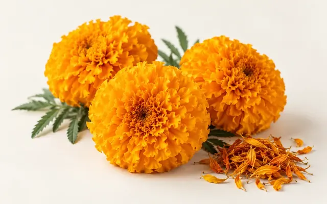 幾朵橘黃色重瓣萬壽菊,旁邊散落少許乾燥花瓣