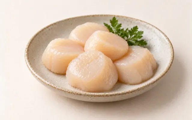 幾顆新鮮扇貝(干貝)擺在淺盤上